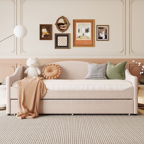 Churanty Twin Size Daybed with Trundle, Teddy Fleece Twin Upholstered Daybed Frame with Light, USB Ports and Sockets,Beige - Walmart.com Day Bed Frame, Light Stripes, Full Size Daybed, Track Design, Daybed With Drawers, Sofa Bed Frame, Led Beds, Upholstered Daybed, Daybed With Trundle