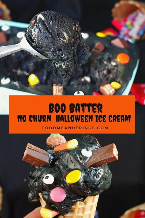 This Boo Batter No Churn Black Ice Cream doesn't require an ice cream maker, tastes like cake batter and is loaded with Halloween candy! Halloween No Churn Ice Cream, Halloween Ice Cream Bar, Halloween Ice Cream Ideas, Kit Kat Chocolate, Black Ice Cream, Halloween Ice Cream, Churn Ice Cream, Candy Eyes, Ice Lollies