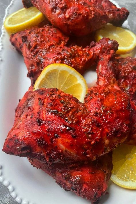 "Pinterest pin showcasing vibrant Tandoori Chicken pieces garnished with cilantro and lemon wedges." Tandoori Chicken Recipe, Chicken Delight, Chicken Tandoori, Healthy Eating Inspiration, Restaurant Table, Restaurant Tables, Flavorful Recipes, The Taste, Chicken Recipe