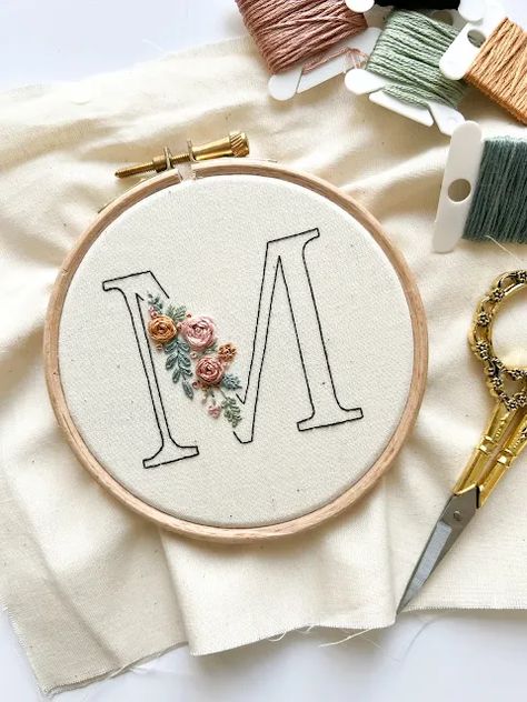 Floral Initial Letter E Embroidery Pattern, Free Embroidery Letter Patterns, Hand Embroidery Alphabet Letters Design, Floral Initial Embroidery, Initial Art Letter, Embroidery Designs With Name, A Letter Embroidery Design, Embroidered Letters Floral, Embroidery Letter Patterns Free