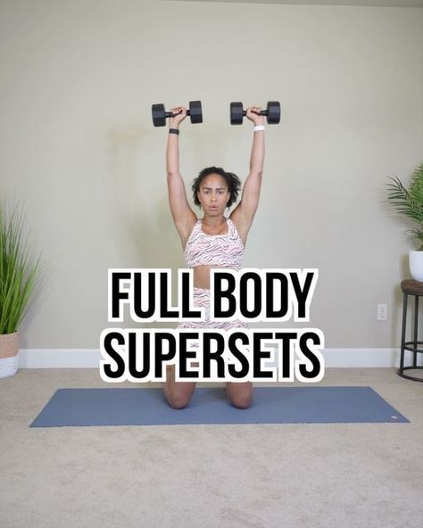 Britany Williams on Instagram: "Try this FULL BODY STRENGTH workout to build muscle and strength using dumbbells and a box/chair/bench. 👉🏽12 reps each exercise (each side as necessary) 👉🏽Complete the 2 exercises in the superset without rest 3x each 👉🏽Then rest 90 seconds before moving to the next superset SUPERSET 1 ➕Kneeling Arnold Press ➕Eccentric Goblet Squat (Slow Tempo on the Down) SUPERSET 2 ➕Half Kneeling Windmill ➕Front Foot Elevated Curtsy Lunge SUPERSET 3 ➕Single Leg Tricep Exten Body Strength Workout, Full Body Strength Workout, Arnold Press, Lateral Lunges, Goblet Squat, Kettlebell Swings, Reverse Lunges, Muscle Building Workouts, Body Strength