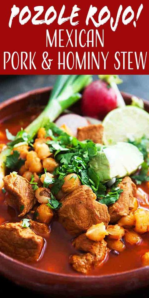 Pozole Rojo! Traditional Mexican pozole (posole) is a rich, brothy soup made with pork, hominy, and red chiles. Pile your bowl with toppings like shredded cabbage, radishes, cilantro, lime, and avocado! #MexicanFood #Posole #Pozole #Hominy #Soup Red Posole Recipe, Pozole Recipe Pork, Hominy Stew, Brothy Soup, Mexican Pozole, Hominy Soup, Pork Posole, Posole Recipe, Pozole Recipe