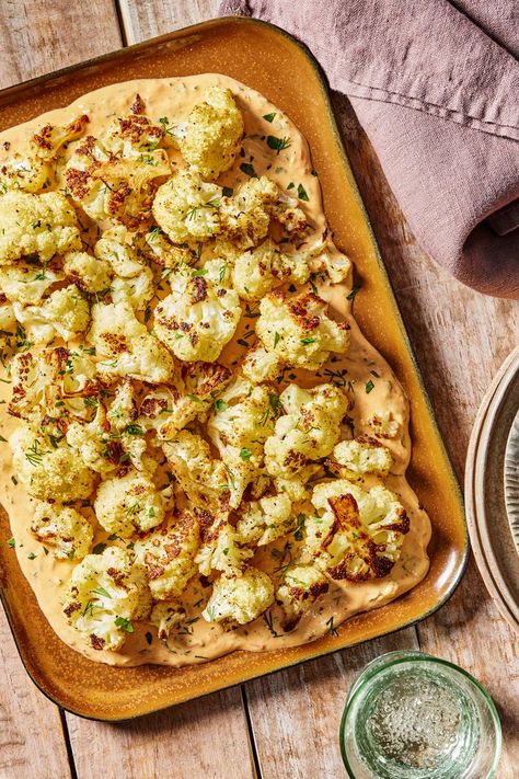 Roasted Cauliflower With Tahini Yogurt Sauce, Roasted Cauliflower With Tahini Sauce, High Protein Cauliflower Recipes, Cauliflower Yogurt, Cauliflower Baked, Cauliflower Roasted, Cauliflower Side Dish, Roast Cauliflower, Easy Breakfast Brunch