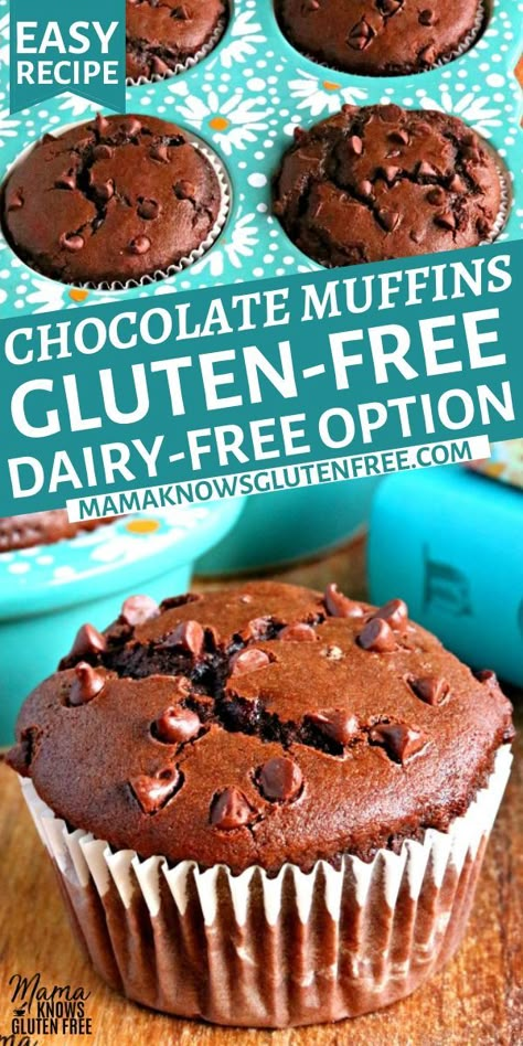 Gluten-free double chocolate muffins in a blue muffin pan. Double Chocolate Muffins Gluten Free, Gluten Free Chocolate Muffins Recipes, Glutenfree Muffins, Gluten Free Chocolate Chip Muffins, Gluten Free Chocolate Muffins, Dairy Free Muffins, Gluten Free Dairy Free Dessert, Gluten Free Chocolate Recipes, Gluten Free Bagels