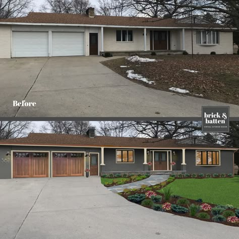 See how brick&batten designers, architects, and graphics turn these traditional ranch homes into absolute stunners..with before & after curb appeal makeovers. According to Zillow, 9 of 10 houses, in the 1950’s and 60’s were ranch style.  As the 80’s hit, people were opting for more square footage; however, the McMansion trend is quickly coming to an end and the 50’s ranches are BACK in a big way. Ranch homes are in high demand and ready to be updated.So let's get started in updating yours! Ranch House Remodel, Ranch House Exterior, Ranch Homes, Brown Roof, Ranch Remodel, Ranch Exterior, Brick Ranch, Home Exterior Makeover, Exterior Makeover