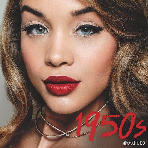 100 years of Maybelline Evoke the pretty pin-ups of the 1950s with ruby lips and classic cat-eyes. #Maybelline100 1950s Makeup, 50s Makeup, 50s Glamour, Golden Barbie, Jasmine Sanders, Wear Red Lipstick, Glamour Beauty, Favorite Makeup Products, Classic Hairstyles