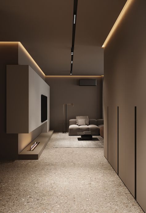 AP | BUCHAREST on Behance Ceiling Minimalist Design, Minimalist Ceiling Design, Minimalist Brutalist Interior, Minimal Ceiling Design, Dark Brutalist Interior, Minimalism Interior Design, Minimal Houses, Interior Ceiling Design, Simple Bedroom Design