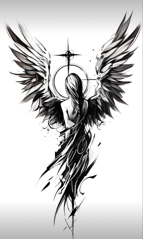 Cover Up Tattoos Stencil, Anime Angel Tattoo, Dark Angel Drawing, Tato Cover, Dark Gothic Tattoo, Dark Angel Tattoo, Wing Tattoo Men, Angel Tattoo Designs, Tattoos For Black Skin