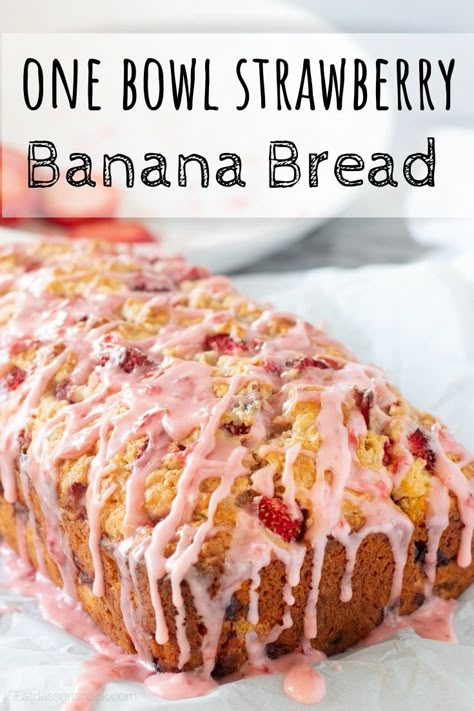 Strawberry Banana Loaf, Banana Snack Ideas, Fresh Strawberry Glaze, Strawberry Banana Bread Recipe, Strawberry Bread Recipes, Dessert For Summer, Strawberry Banana Bread, Banana Coffee Cakes, Fresh Strawberry Recipes