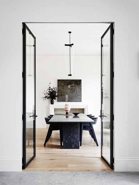 The formal dining room which Chris and Kathryn gave a new opening to provide direct access to the kitchen. Georgian Style Homes, Dining Table Lighting, Modern Renovation, Australian Interior Design, Interior Design Awards, Ideas Hogar, Georgian Homes, The Dining Room, Dining Room Inspiration