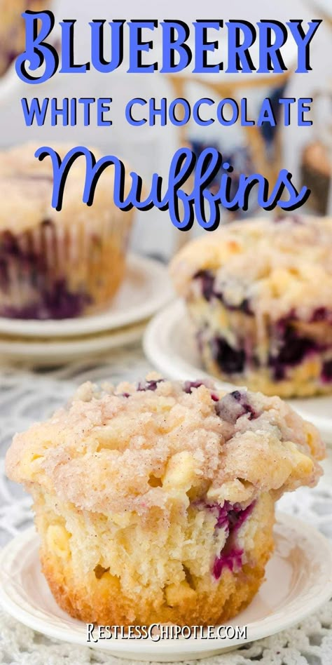 Moist and fluffy blueberry white chocolate muffins are rich and buttery, absolutely bursting with ripe, juicy blueberries and melty white chocolate chips. Each bite has a little sweet, crispy crunch from the easy streusel topping. Recipes With White Chocolate Chips, White Chocolate Chip Muffins Recipes, White Chocolate Blueberry Muffins, White Chocolate Chip Muffins, White Chocolate Muffins Recipes, White Chocolate Blueberry Cupcakes, Blueberry White Chocolate, Muffins With White Chocolate Chips, Blueberrie Muffins