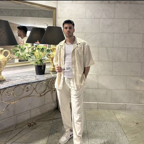 Late Summer Outfit Cred(IG:harucikgoz) #menfashion #summeroutfit #style #ootp Cream And White Outfit, Cream Outfit Men, Men’s Greece Outfits, Mediterranean Summer Aesthetic Outfits Men, Old Money Outfits Men Summer Linen, Old Money Outfit Ideas, Late Summer Outfits, Cream Outfit, Old Money Outfit