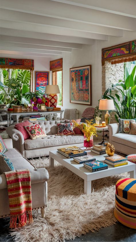 Colorful, cozy living room with eclectic decor, vibrant cushions, houseplants, and a white shag rug. Colourful Boho Apartment, Boho Loft Ideas, White Couch Colorful Living Room, Small Maximalist Living Room, Eclectic Apartment Decor Ideas, Minimalist Eclectic Living Room, Simple Eclectic Home, Colorful Farmhouse Living Room, Bedroom Decor Eclectic