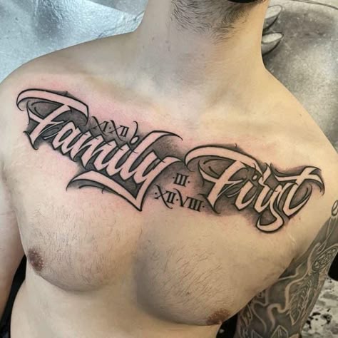 Family First Tattoo For Men, Chest Script Tattoo, Chest Tattoo Fonts, Chest Tattoo Lettering, Minnesota Tattoo, Word Tattoo Designs, Family First Tattoo, Family Tattoos For Men, Top Free Fonts