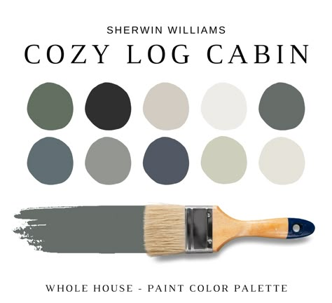 LOG CABIN Sherwin Williams Paint Palette, Log Cabin Paint Colors, Lake Neutrals, Modern Rustic, Cabin Color Palette, Nature-inspired Colors - Etsy Exterior Cabin Colors Paint, Mountain Pine Paint Color, Cabin Interior Stain Colors, Paint Colors For Mountain Home, Cabin Wall Color Ideas, Rustic Winter Cabin, Knotty Pine Color Palette, Grey Walls With Brown Trim, Lake Cabin Paint Colors