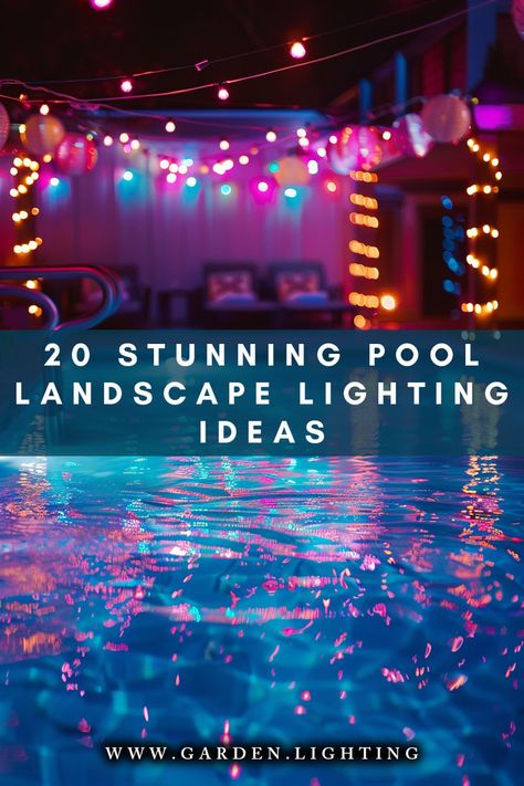 a pool with lights and a string of lights in the background Swimming Pool Lights Led, Above Ground Pool Deck Lighting Ideas, Backyard Pool Lighting Ideas, Lights Over Pool Outdoor, Diy Pool Lights, Above Ground Pool Lighting Ideas, Swimming Pool Lighting Ideas, Pool Lighting Ideas, Pool Area Decorating Ideas