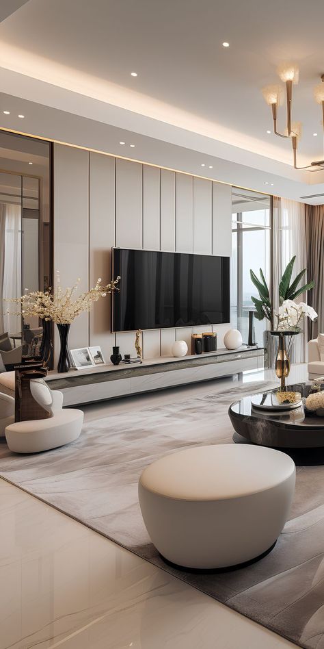 Infuse your large apartment with a touch of opulence through this living room's carefully crafted interior, creating an inviting space that radiates elegance. Sala Grande, Tv Room Design, Hall Interior Design, تصميم للمنزل العصري, Hall Interior, Appartement Design, Tv Wall Design, Hall Design, Living Room Design Decor