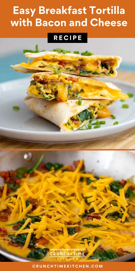 Easy Breakfast Tortilla with Bacon and Cheese. These breakfast quesadillas are actually so good you could even serve them for lunch or dinner! This Breakfast Tortilla hack is one of my favorite breakfasts and it is actually a cross between a quesadilla and a breakfast egg scramble! Load your fresh flour tortilla with cheese, eggs, avocado, tomato, and more! Include all your favorite toppings and get the recipe here. Bacon Egg Cheese Tortilla, Flour Tortilla Breakfast Ideas, Breakfast Tortilla Ideas, Breakfast Egg Scramble, Tortilla With Cheese, Tortilla Breakfast, Leftover Bacon, Tortilla Hack, Breakfast Eggs Scrambled