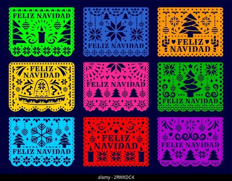 Feliz Navidad Mexican papel picado flags and paper cut garland, Christmas holiday vector banners. Mexico fiesta papel picado papercut flag decorations with Christmas tree, snowflake, candle and cactus Stock Vector Snowflake Candle, Mexican Papel Picado, The Perfect Christmas Tree, Christmas Tree Snowflake, Perfect Christmas Tree, Garland Christmas, With Christmas Tree, Flag Decor, Paper Cut