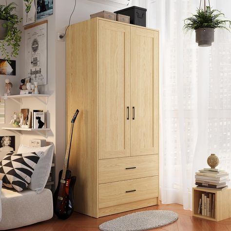 Wood White Wardrobe Closet With 2 Doors，Bedroom Freestanding Armoire Storage Cabinet With Freestanding Armoire, Doors Bedroom, Armoire Storage, White Wardrobe, Wardrobe Closet, 2 Doors, Free Standing, Storage Cabinet, Bedroom Furniture