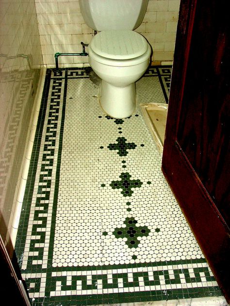 https://flic.kr/p/cnSw8d | Hidden Westwood Bathroom tiles | In the same former mansion on Harrison Avenue as the lovely painted stained glass landing window are these colorful patterned tiles, They were very common in the early 1900's used for residential entries and bathrooms as well as commercial building entries and store flooring. Tiled Verandah, Vestibule Ideas, Craftsman Bathrooms, Stair Bathroom, Hex Tile Floor, Victorian Bathrooms, Hex Tiles, Mosaic Floors, Tiles Vintage