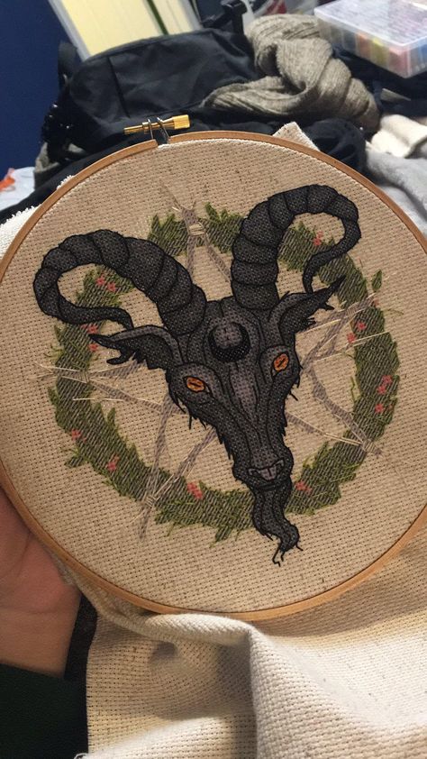 Goat Cross Stitch, Goat Embroidery, Clothes Embroidery Diy, Goth Decor, Halloween Embroidery, Sewing Embroidery Designs, Bioshock, A Cross, Embroidery Inspiration