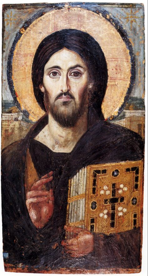 Oldest surviving icon of the Christ Pantocrator, 06th century; housed at Saint Catherine's Monastery on Mount Sinai, Egypt (via Wikimedia Commons) Christ Pantocrator, Medieval Paintings, Eastern Orthodox Church, Jesus Painting, Eastern Orthodox, Byzantine Art, Jesus Christus, Mary And Jesus, Religious Icons