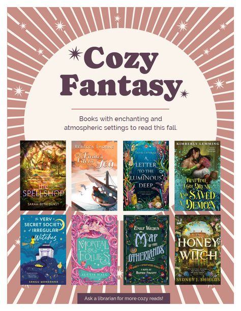 Cozy+Fantasy+Book+Flyer,+Stars+with+Burst Winter Fantasy Books, Cozy Fantasy Books, Reading List Challenge, Book Wishlist, List Challenges, Fantasy Romance Books, Well Read, Beautiful Books, Bookish Things