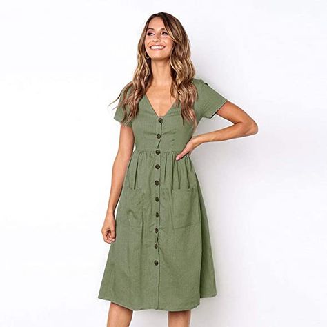 Summer Dresses for Women Casual Midi Dress Short Sleeve Shirt Dress V Neck Button Down Swing A Line Tunic Dress with Pockets: Amazon.co.uk: Clothing Modest Attire, Cute Outfits Dresses, Elegant Summer Dresses, Fashion Outfits Summer, Relaxed Trousers, Cherry Dress, Travel Clothing, Mini Dress Fashion, Mini Robes