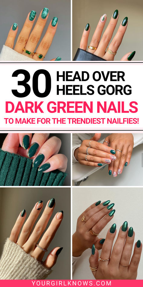 Might I tell you, dark green nails are the “it girl” color you need this fall and winter season? Seriously! They’re not just a color; they’re a vibe. So, here are some of the hottest dark green nail designs that will have you falling head over heels! Green Christmas Acrylics, Hunters Green Nails, Hunter Green Nails Design Fall, Dark Green Dip Powder Nails, Dark Green And Gold Nails Short, Green Winter Nails Short, Dark Green And Orange Nails, Christmas Nails 2024 Green, Green With Gold Flakes Nails