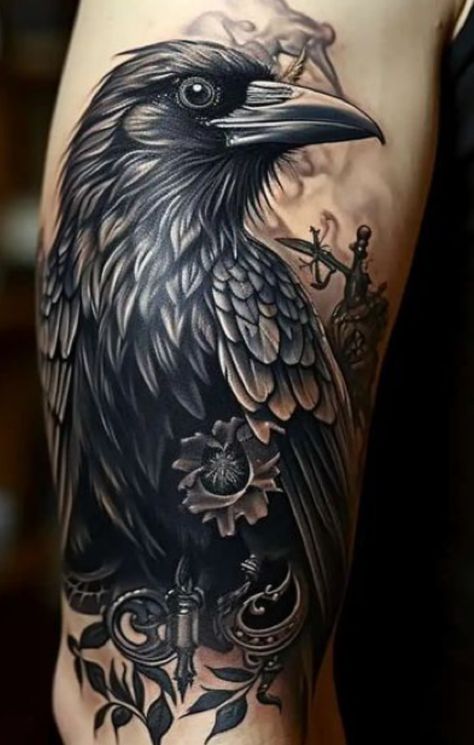 Raven Tattoo Meaning, Black Crow Tattoos, Raven Tattoos, Rabe Tattoo, Crow Tattoo Design, Wiccan Tattoos, Black Bird Tattoo, Bookish Tattoos, Animal Tattoo Ideas