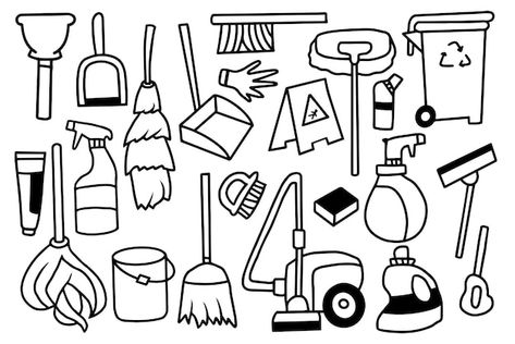 Home cleaning tools doodle style design ... | Premium Vector #Freepik #vector #cleaning #broom #hand-drawing #cleaning-brush Home Cleaning Tools, Cleaning Broom, Brain Storm, Cleaning Printable, Doodle Style, Cleaning Business, Program Ideas, Clipart Black And White, Home Cleaning