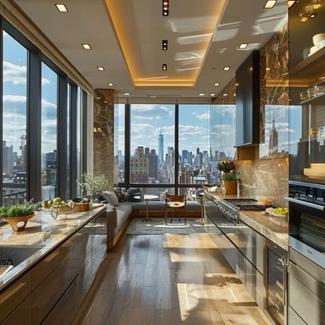 Nyc Penthouse Kitchen, Penthouse Apartment Interior, Old Money Interior Design, Old Money Interior, Penthouse Aesthetic, Modern Apartment Interior, New York Penthouse, Air Design, Welcoming Home