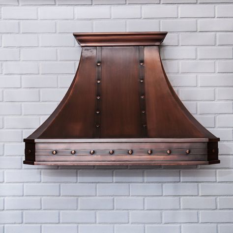 copper vent hood with straps Range Niche, Corner Stove, Kitchen Vent Hood, Copper Range, Copper Hood, Ranch Kitchen, Range Vent, Hood Ideas, Copper Range Hood