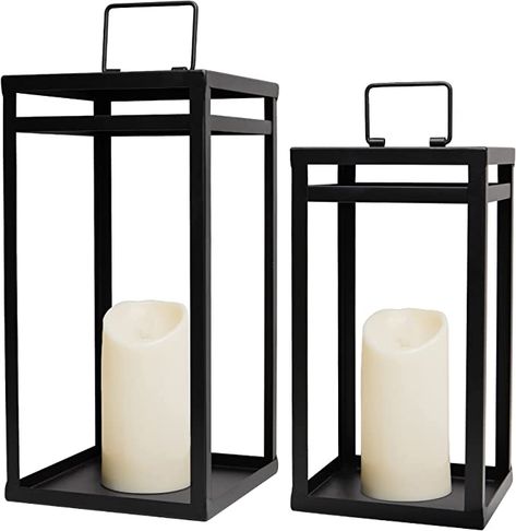 HPC Decor Black Metal Candle Lanterns Set of 2- Lanterns Decorative w/ LED Flameless Candles- 15.8'' & 12.6'' Chunky Modern Farmhouse Lantern Decor for Indoor,Outdoor,Fireplace,Porch (No Glass) Large Candle Lanterns, Farmhouse Lantern Decor, Fireplace Porch, Indoor Outdoor Fireplace, Metal Candle Lanterns, Farmhouse Lantern, Indoor Outdoor Fireplaces, Yard Makeover, Lantern Craft