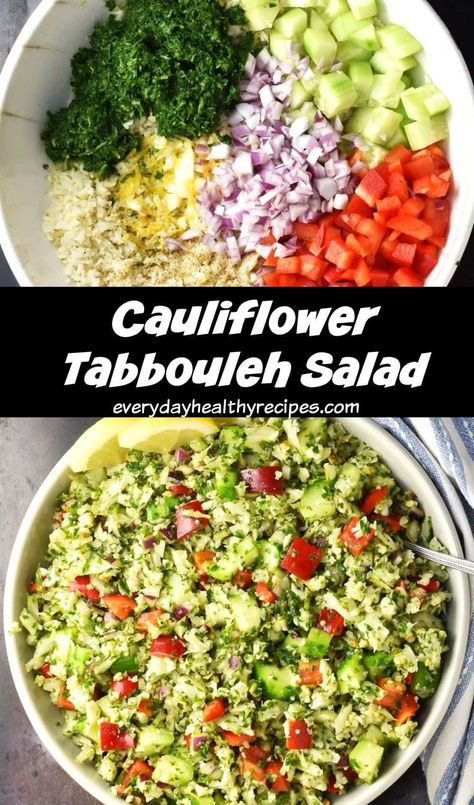 Top down view of cauliflower tabbouleh ingredients in bowl and tabbouleh salad with roasted cauliflower in large bowl. Cauliflower Tabbouleh Salad, Cauliflower Raw, Raw Cauliflower Salad, Lemony Dressing, Cauliflower Tabbouleh, Tabbouleh Recipe, Dressing Healthy, Raw Cauliflower, Tabbouleh Salad