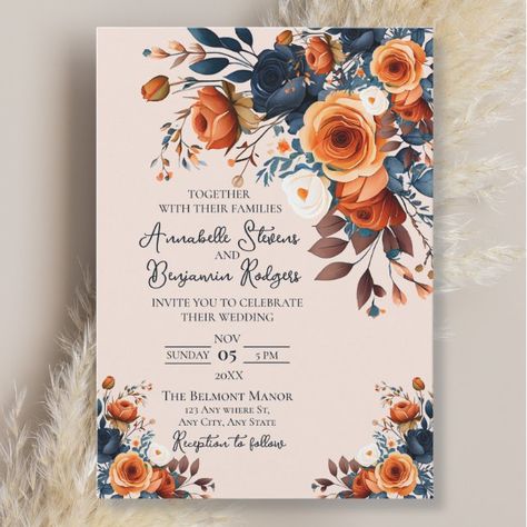 Create your own Invitation | Zazzle Burnt Orange Light Blue Wedding, Rustic Wedding With Blue, Burnt Orange And Navy Blue Wedding Theme, Plum Burnt Orange Navy Wedding, Navy Blue And Burnt Orange Wedding Cake, Navy Blue Burnt Orange Wedding, Orange Blue Wedding, Cornflower Blue And Burnt Orange Wedding, Burnt Orange Wedding Invitations