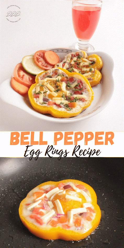 Bell Pepper Egg Rings Recipe | DINE DREAM DISCOVER Bell Pepper With Egg, Bell Pepper Egg Recipes, Bell Pepper Stuffed With Eggs, Eggs In Bell Pepper Rings, Bell Pepper Pizza Boats, Bell Pepper Eggs, Fresh Egg Recipes, Bell Pepper Breakfast Recipes, Egg Stuffed Bell Peppers