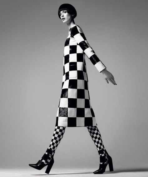 Dress, Louis Vuitton. 866-VUITTON. Shoes, $625, Alexander Wang. shopBAZAAR.com.  Tights, stylist's own. 60s Fashion Black And White, Montreal Photoshoot, Black And White Circus, Clown Fashion, White Fashion Editorial, Twiggy Makeup, Richard Avedon, Fashion Articles, Mod Fashion