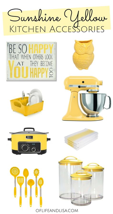 Yellow decor and kitchen accessories for Yellow Lovers! Hope you enjoy this nice roundup of kitchen must-haves! #yellow #yellowaesthetic #kitchendesign #kitchenideas #kitchendecor #kitchendecorideas Yellow Lemon Kitchen Decor, Yellow Theme Kitchen, Daisy Kitchen Decor, Yellow And Navy Kitchen, Yellow Accent Kitchen, Black White And Yellow Kitchen, Yellow Themed Kitchen, Kitchen Yellow Accents, Yellow Apartment Decor