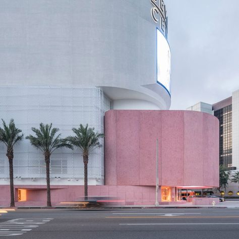 Curved Facade Design, Tinted Concrete, Pink Architecture, Pink Concrete, David Adjaye, Los Angeles Architecture, Music Gadgets, Sneakers Art, Concrete Facade