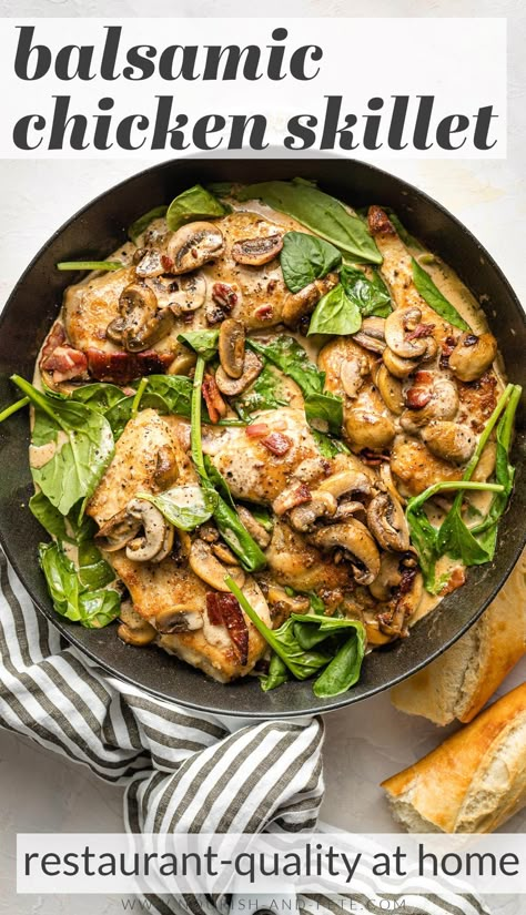 Creamy Chicken With Spinach, Chicken With Spinach And Mushrooms, Creamy Balsamic Chicken, Chicken Spinach Mushroom, Chicken With Spinach, Spinach And Mushrooms, Easy Skillet Meals, Chicken Fresh, Pan Sauce