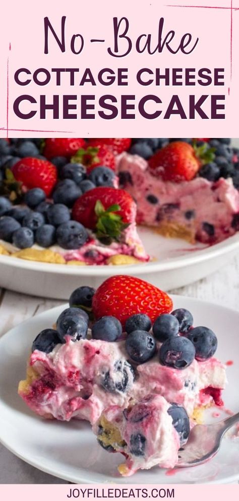 My healthy no-bake Cottage Cheese Cheesecake is smooth, creamy, and bursting with farm-fresh berries. The red, white, and blue colors make this the perfect festive dessert for the 4th of July or any other time of year. This easy recipe is low-carb, keto, gluten-free, grain-free, sugar-free, and Trim Healthy Mama friendly. Whipped Cottage Cheese With Roasted Berries Pioneer Woman, Strawberry Cottage Cheese Dessert, Sugar Free 4th Of July Desserts, Keto Cottage Cheese Recipes Dessert, No Bake Cottage Cheese Cheesecake, Cottage Cheese Whipped Dessert, Cottage Cheese Cheesecake No Bake, Cottage Cheese Dessert Healthy, Low Carb Cottage Cheese Recipes