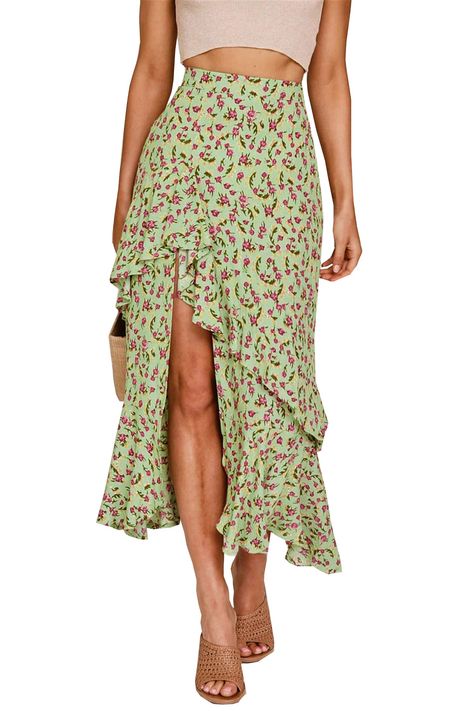 BTFBM Women Boho Floral Print Long Skirt Chic High Low Side Split Ruffle Hem Elastic Waist Swing Maxi Cotton Dress #Sponsored Beach Maxi Skirt, Printed Long Skirt, French Street, Spring Boho, Long Maxi Skirts, Long Skirts, Floral Print Skirt, Maxi Skirts, Summer Skirts