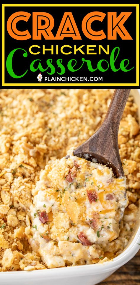 Crack Chicken Casserole - creamy chicken casserole loaded with cheddar, bacon and ranch. Use a rotisserie chicken for easy prep! Chicken, cheddar, bacon, ranch seasoning, sour cream, cream of chicken soup. The whole family LOVED this easy chicken casserole. It is already on the menu again this week! #chicken #casserole #chickencasserole Easy Recipes With Rotisserie Chicken Main Dishes, Meal Prep Chicken Casserole, Chicken Casserole Recipes With Rotisserie Chicken, Chicken Soup Casserole Recipes, Rottiserie Chicken Casserole Recipes, Easy Supper Ideas Comfort Foods, Boiled Chicken Recipes Casseroles, Recipes Using Ranch Seasoning, Casserole Recipes For Dinner Chicken