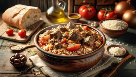 Giouvetsi Giouvetsi Recipe: Traditional Greek Beef Stew with Orzo 2 Giouvetsi Recipe, Greek Beef Stew, Greek Beef, How To Cook Orzo, Lemon Potatoes, Greek Dishes, Sauteed Vegetables, Gluten Free Pasta, Greek Salad