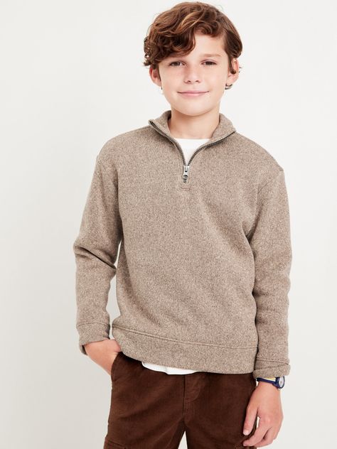 mock neck quarter zip long sleeves relaxed fit hits below waist model is approx.  5' and wears size m (8)machine wash according to the care instruction label Little Boy Dressy Sweater, Men’s Quarter Zip Outfit, Boys Neutral Sweater, Sweater Quarter Zip Men, Mens Quarter Zip Pullover Sweater, 1/4 Zip Sweater, Gold Sweater, Fleece Quarter Zip, Fall Family Photo Outfits