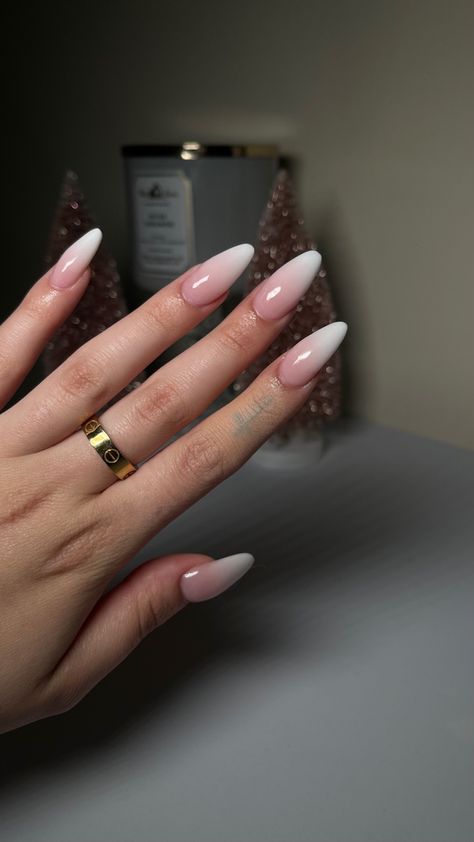 #ombre #ombrenails #cartier #pink #girly #nails Pink Ombre Almond Acrylic Nails, Almond Shaped Nails Elegant, Glossy Ombre Nails, Long Almond Ombre Nails, Irregular French Nails, Pink To White Ombre Nails Almond, Ombre Gel X Nails, Nails 2024 Ombre, Almond Ombre French Nails