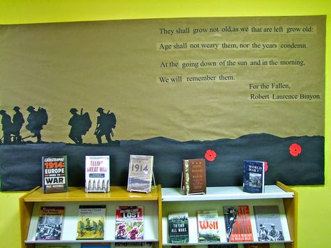 Library Displays: WW1 Centennial Love the idea of the solders outline Ww1 Display, Display Boards For School, Class Displays, Library Inspiration, Library Bulletin Boards, Teacher Librarian, School Displays, Bulletin Board Display, School Librarian