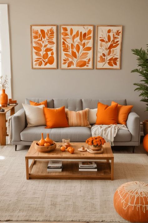 Are you thinking about brightening up your living room but unsure how to incorporate a bold color like orange? Do you want to add a touch of warmth and energy to your space without going  .. Orange Living Room Decor Ideas, Orange Accents Living Room, Orange Living Room Decor, Grey And White Room, Orange Accent Walls, Burnt Orange Living Room, Orange Living Room, Home Wall Colour, Teal Living Rooms